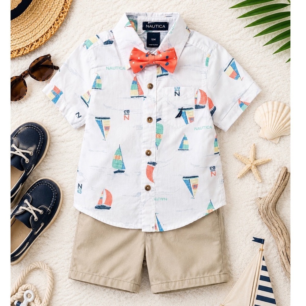 Nautica Baby Boy 12M 2 Piece Set Sailboat Shirt Chino Shorts Bow Tie 62G72012-99